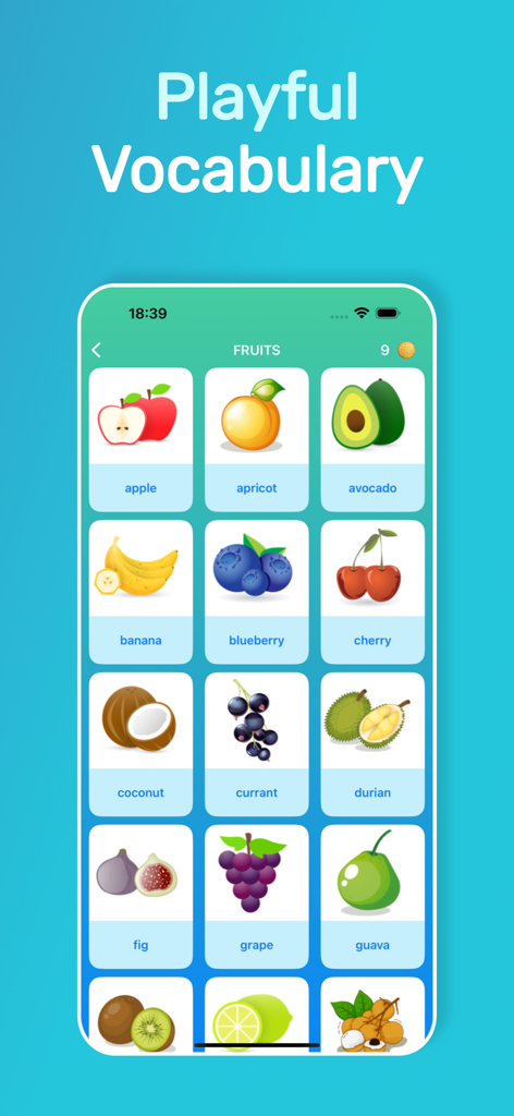 Lingo Speak: Learn English ABC - Pantalla educativa que muestra una cuadrícula colorida de frutas con sus nombres en inglés para el aprendizaje de vocabulario