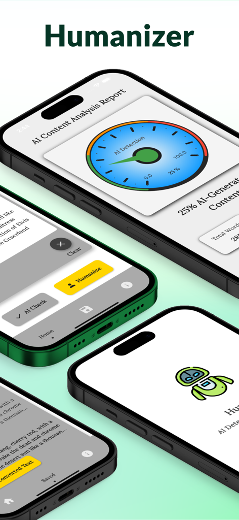 Pantallas de la aplicación móvil que muestran el informe de análisis de detección de IA y la interfaz del humanizador de texto en iPhones