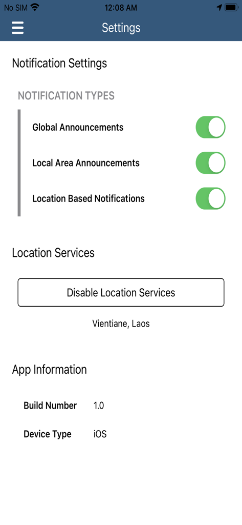 Las Hojas Resort - Pantalla de configuración de la aplicación Las Hojas Resort mostrando preferencias de notificación y servicios de ubicación.