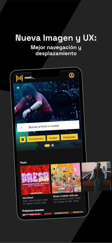 meet2go - Smartphone screen showing the meet2go mobile app interface for event discovery and ticketing in Ecuador.
