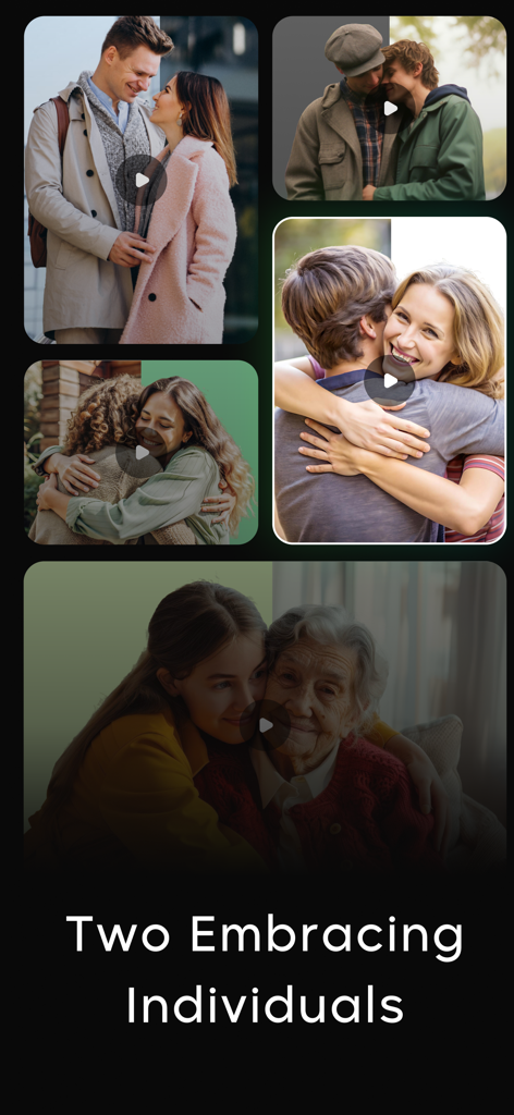 AI Hug Video Generator - HugAI - A collage showing various examples of people hugging in videos generated by AI Hug Video Generator