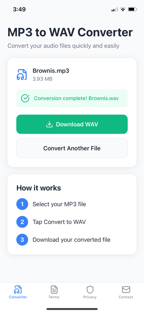 MP3 to WAV Converter - MP3からWAVへの変換アプリのインターフェース。ダウンロードボタンが付いた、オーディオファイルの変換成功画面が表示されています。