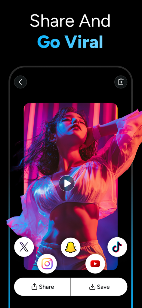 OpenVideo app screen for sharing AI generated videos to social media platforms