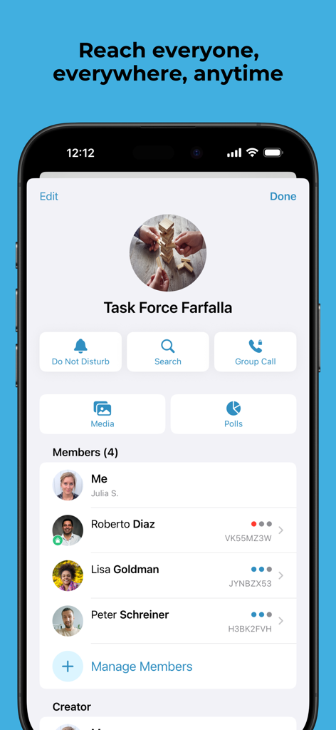 Threema Work mobile app showing a secure team group screen with member management and collaboration options