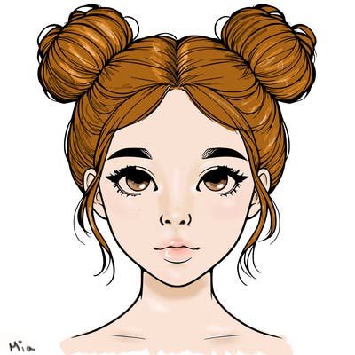 realistic girl with two buns on top of her head