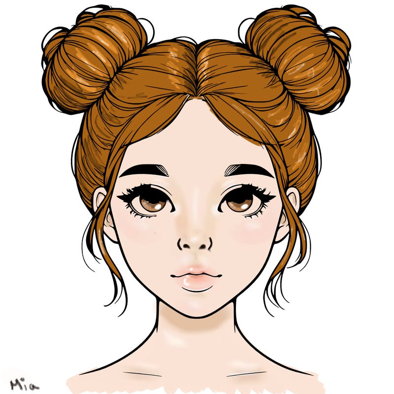 realistic girl with two buns on top of her head