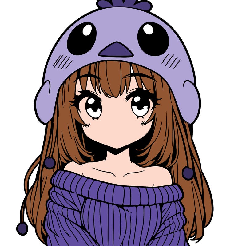 anime girl with chick shaped hat with sweater with bare shoulders with bangs covering them one eye with low tail