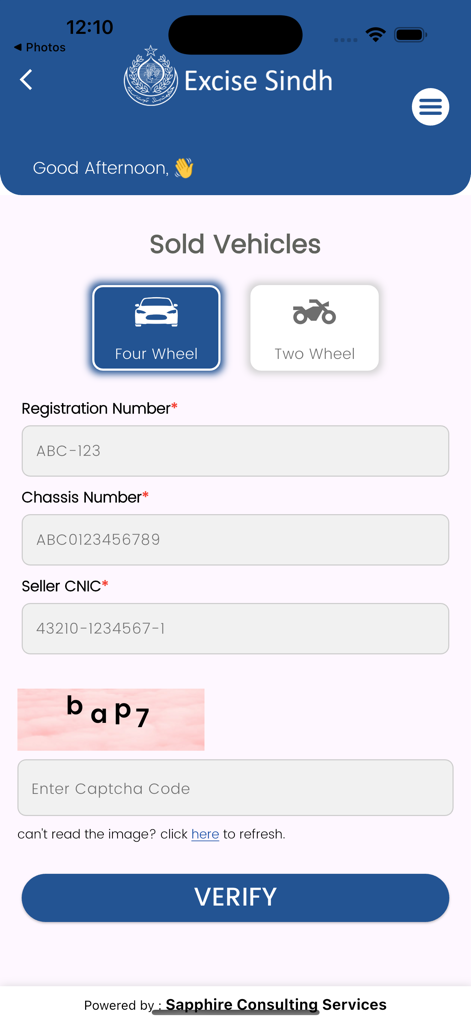 Excise Sindh - Excise Sindh app interface for verifying sold vehicles registration and chassis numbers.