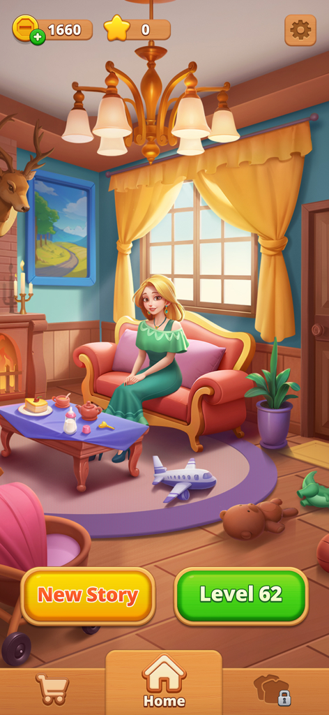 Escena de sala de estar renovada con un personaje femenino en el juego Family Savior Screw Puzzle