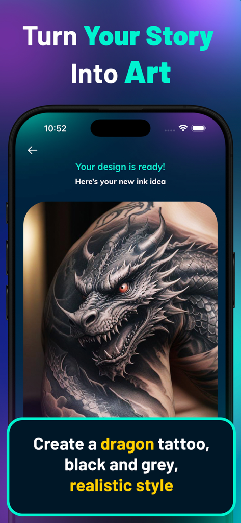 Tattoo Style AI - Design Maker - Diseño de tatuaje de dragón realista en blanco y negro generado por IA en un hombro