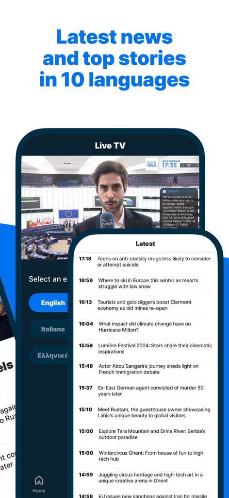Euronews: World news & live TV - Interfaz de la aplicación móvil Euronews que muestra una transmisión de TV de noticias en vivo y una lista de los últimos titulares globales.