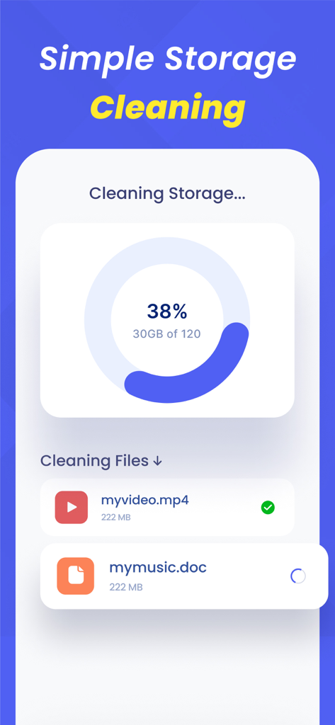 Free Space - Storage Manager - A smartphone screen showing the Free Space app cleaning storage with a progress ring and a list of files being processed.