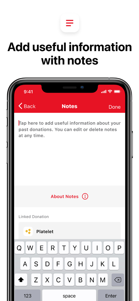 Blood Donor American Red Cross - 과거 헌혈에 유용한 정보 및 메모를 추가하는 기능을 보여주는 American Red Cross Blood Donor 앱 화면