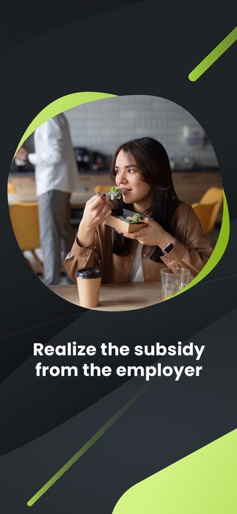 A woman eating a healthy lunch in an office setting with text mentioning employer subsidies.
