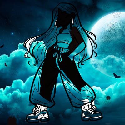 girl in baggy pants crop top and long hair