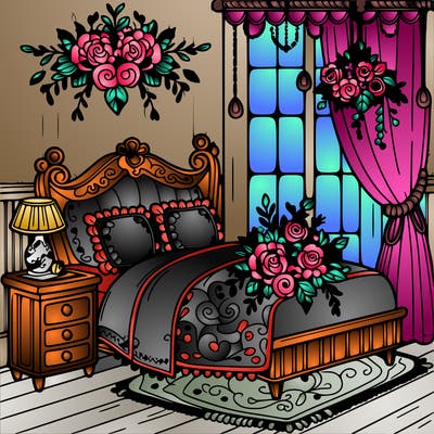 a beautiful room with flowers on the bed