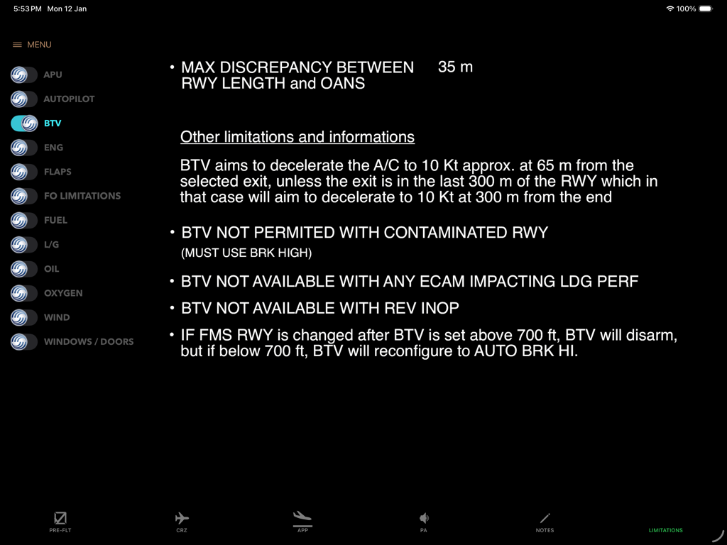 A380 Clipboard - A380 Clipboard iPad app interface displaying Brake to Vacate BTV system limitations and flight information in a professional ECAM style layout.