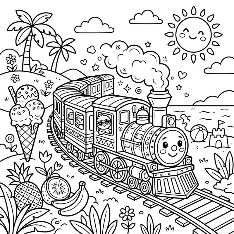 Embark on a delightful journey with our Summer Train coloring page, designed especially for kids. This vibrant scene is packed with happy passengers, sunny motifs, and delicious treats, perfect for young artists to bring to life.