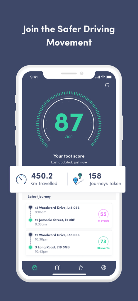 toot - safer driving - toot 안전 운전 앱의 대시보드가 표시되며, 운전 점수 87점과 여정 통계가 표시됩니다.