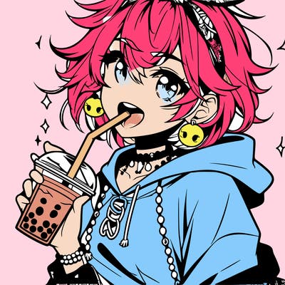 hot baddie anime girl drinking boba and biting the straw