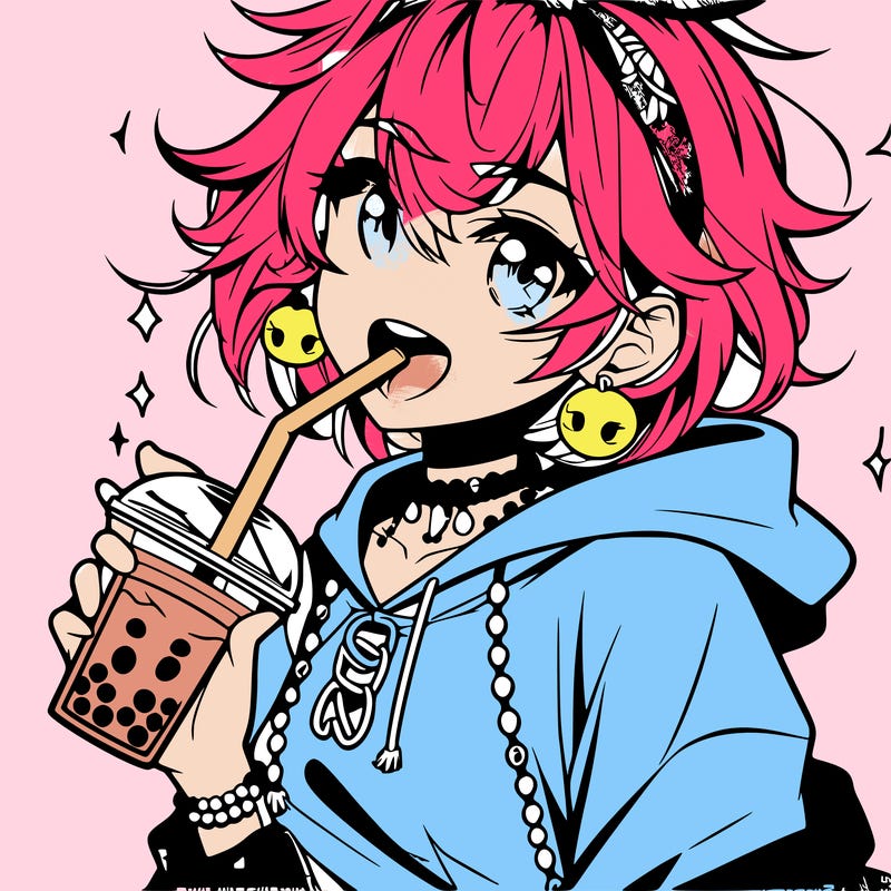 hot baddie anime girl drinking boba and biting the straw