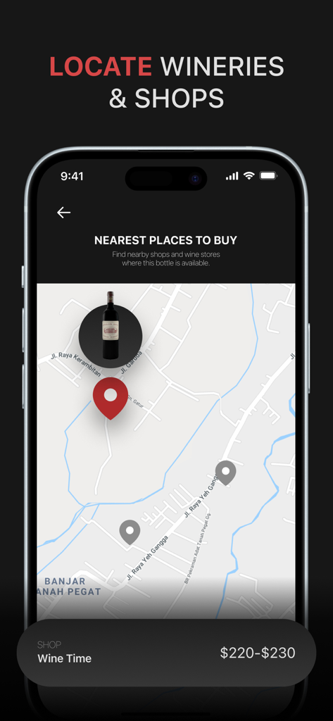 Una interfaz de mapa en la aplicación Wine Scanner que muestra bodegas y tiendas cercanas donde se puede comprar una botella seleccionada