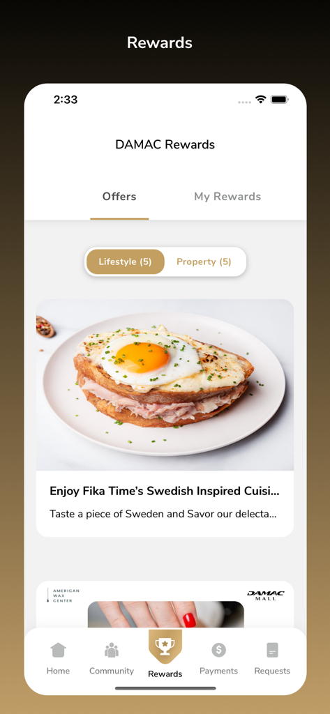 DAMAC Living - Damac Living app interface displaying exclusive resident lifestyle rewards and dining offers