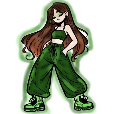 girl in baggy pants crop top and long hair
