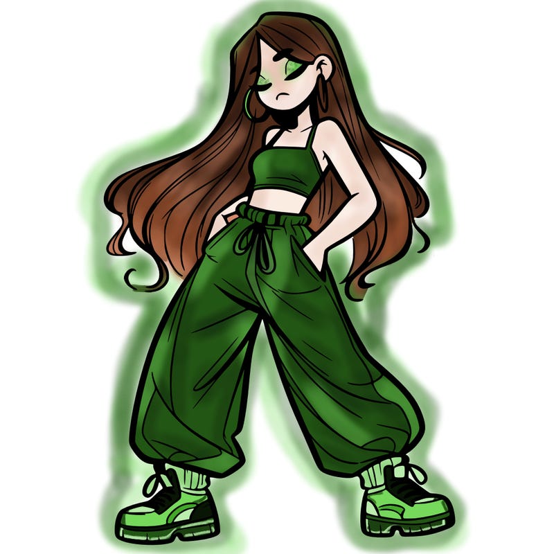 girl in baggy pants crop top and long hair