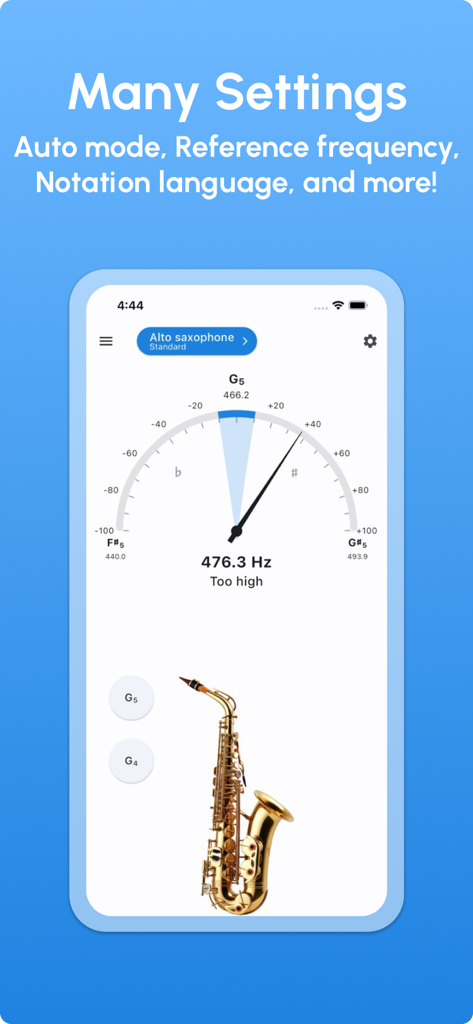 A mobile app interface of a saxophone tuner displaying frequency settings and a tuning needle.