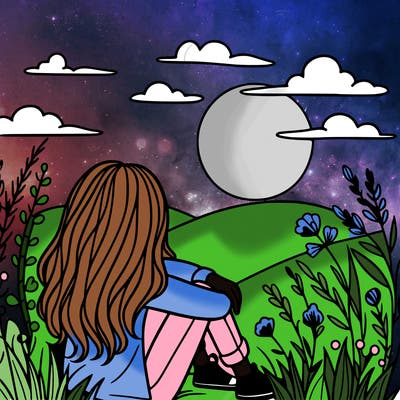 a girl sitting in a sunset