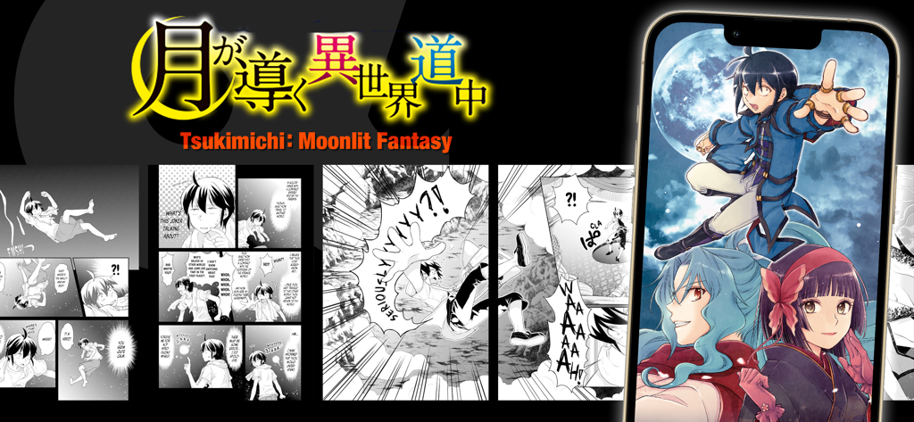 Alpha Manga: Isekai Manga App - 알파 만화 앱을 위해 모바일 폰 화면에 표시되는 츠키미치 문라이트 판타지 만화 패널과 캐릭터