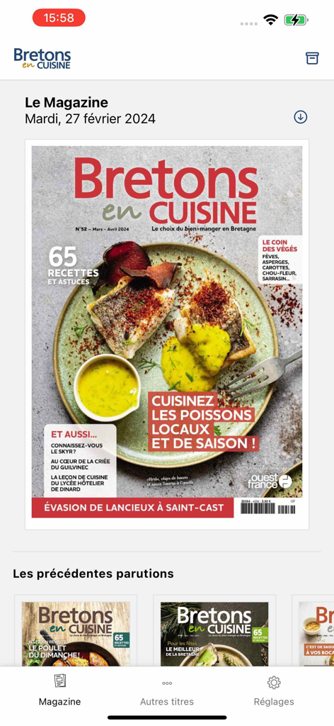 Bretons en Cuisine mobile app showing the digital magazine library with recipes and regional culinary features