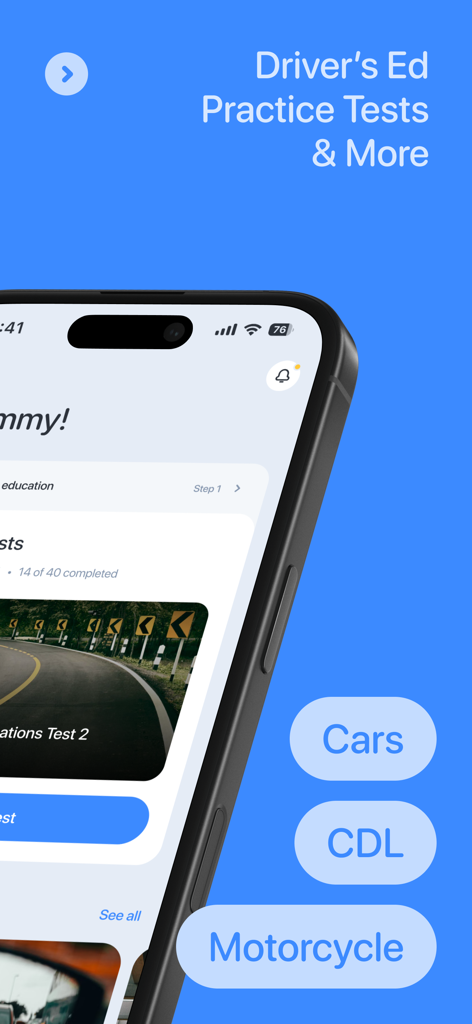 DMV Practice Test & Drivers Ed - Smartphone showing DMV practice test app with options for Cars CDL and Motorcycle