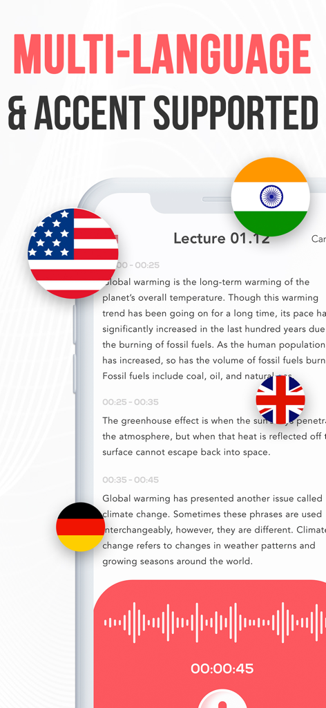 AI Note Taker Voice Memos App - AI Note Taker app displaying multi-language and accent support for voice transcriptions.