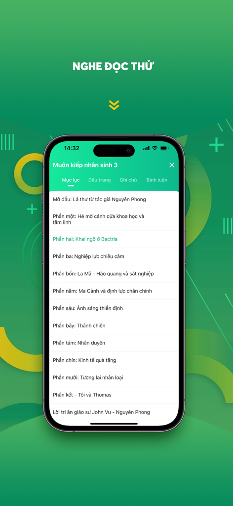 Waka 4.0 – Ebook & Audiobook - A smartphone displaying the table of contents of a Vietnamese ebook in the Waka 4.0 app.