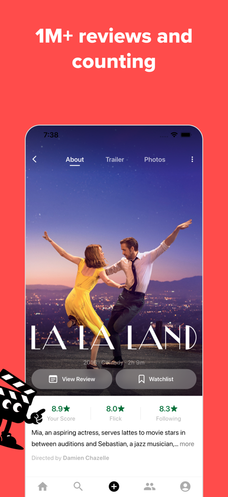 Flick: Rate Movies & Shows - Flick app interface showing movie ratings and details for La La Land