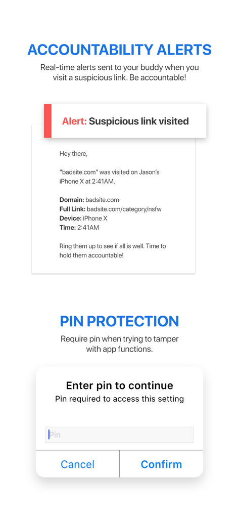 Purity 앱 스크린샷으로 친구를 위한 책임 알림과 PIN 보호 보안 기능을 보여줍니다.