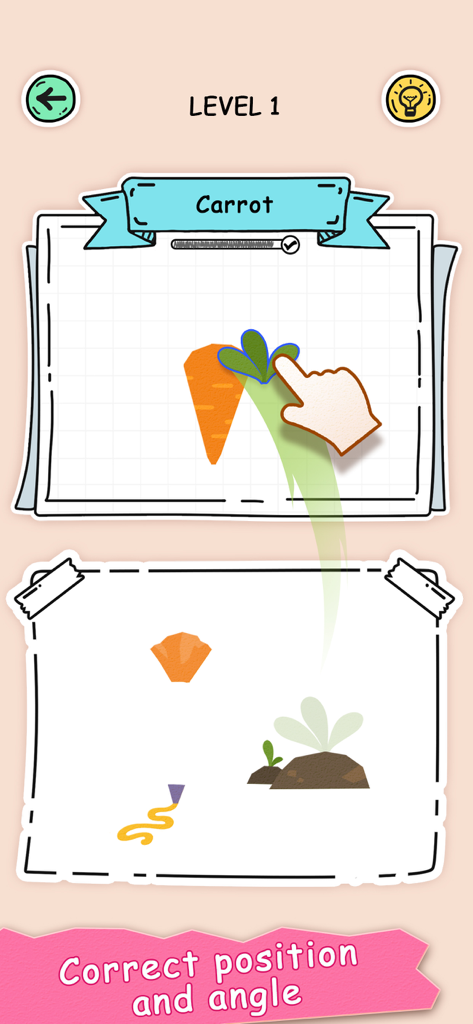 Puzzle Fuzzle - Gioco mobile Puzzle Fuzzle, livello 1, che mostra l'assemblaggio di una carota utilizzando meccaniche di trascinamento e rilascio.