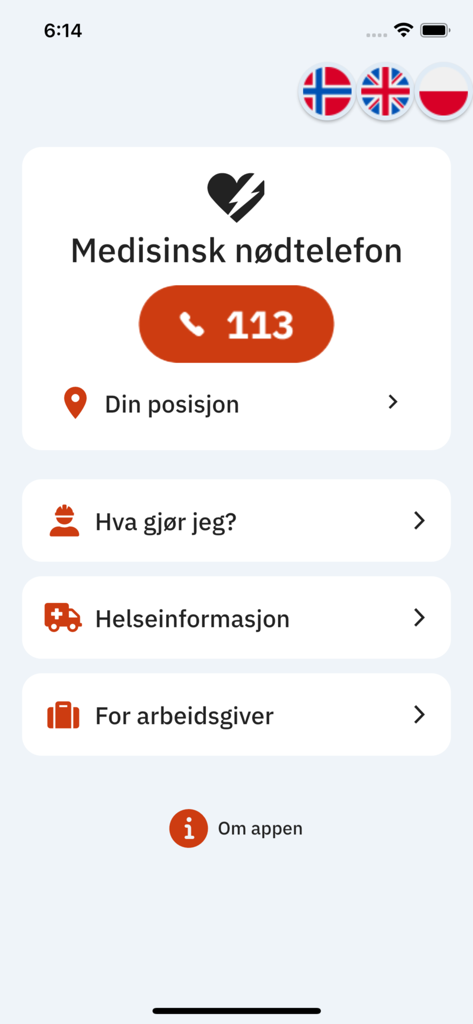 Strømulykke - The main interface of the Stromulykke safety app showing an emergency call button and links to medical information and employer protocols