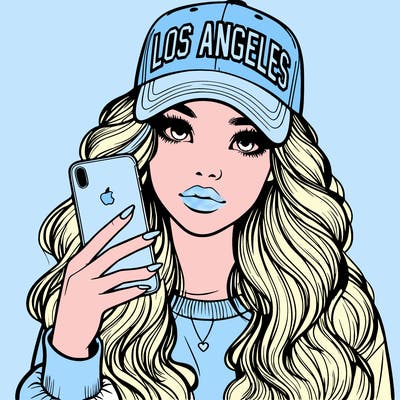 realistic beautiful girl wearing los ángeles cap holding an iphone