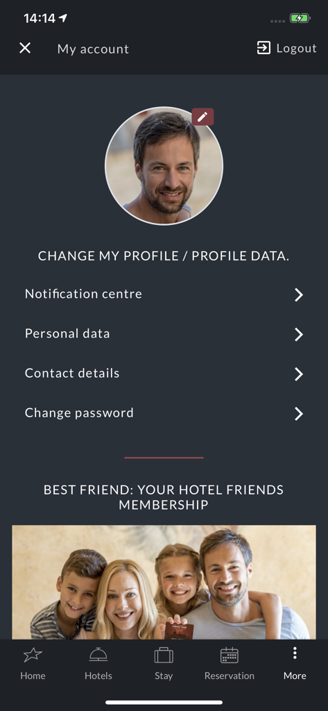Europa-Park Hotels - Screenshot des Bildschirms "Mein Konto" in der Europa-Park Hotels App mit Optionen zur Profilverwaltung und Informationen zur Mitgliedschaft im Treueprogramm.