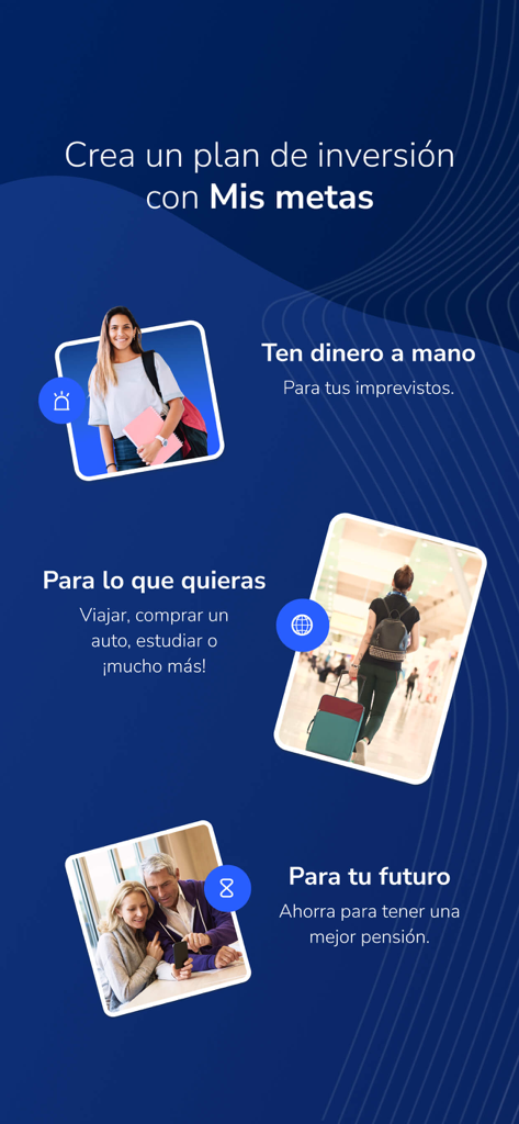 Mi Inversión - Mi Inversion app interface showcasing investment goals for emergency savings travel and retirement