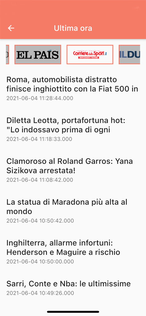 Prima Pagina Quotidiani - Screenshot of the breaking news section showing a list of Italian news headlines and a carousel of international newspaper logos