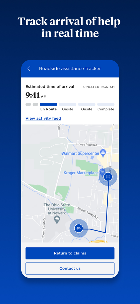 Tela do rastreador de assistência rodoviária do aplicativo Nationwide Mobile com mapa em tempo real e tempo estimado de chegada
