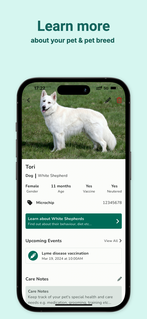 Furry Friend : Pet Care App - A pet profile screen in the Furry Friend app displaying health records and vaccination reminders for a dog