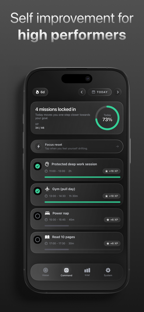 CTRL - Self Improvement OS - CTRL app interface showing a daily mission log with progress tracking and XP for self improvement