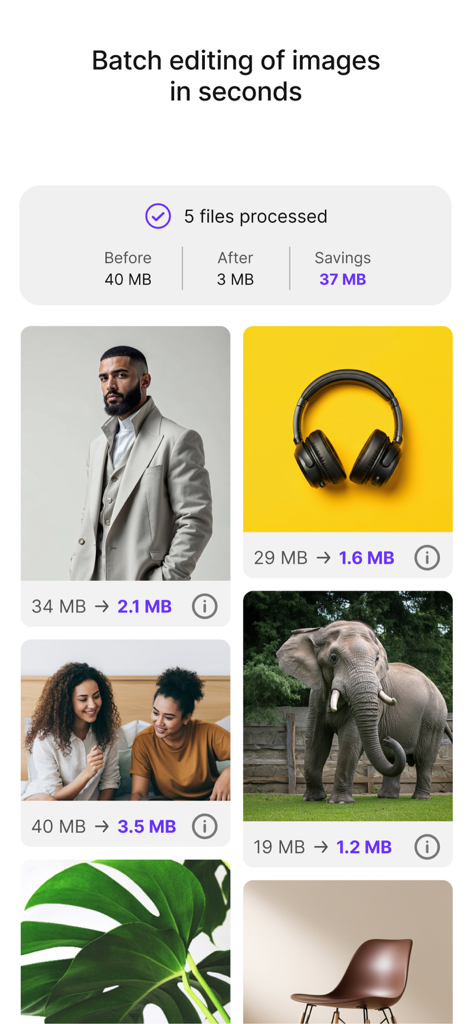 Shrink.media - Shrink.media app interface showing batch compression results reducing five images from 40MB to 3MB