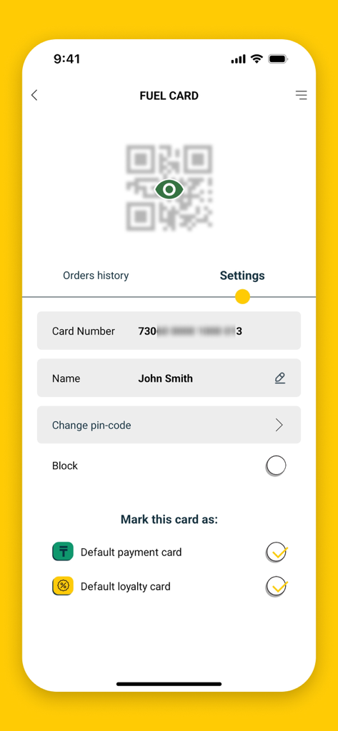 MaxOil App-Bildschirm zur Verwaltung von digitalen Kraftstoffkarteneinstellungen und Zahlungsoptionen