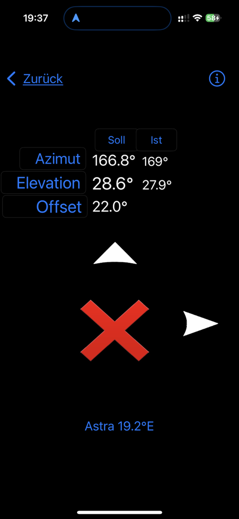 SatFinder GPS EU - SatFinder GPS app interface showing azimuth and elevation data for aligning a satellite dish to Astra 19.2E
